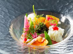 新鮮な海の幸のデリス、サラダ仕立て、バージンオリーブオイルとポン酢ジュレ