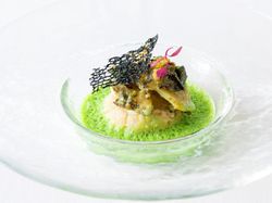 アワビのロースト ガーリックリゾット添え
ほうれん草とごま風味のソース