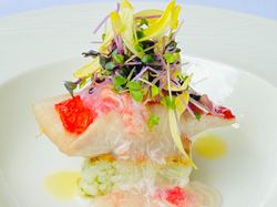 【温菜】本日のお魚のソテー
青のりの焼きリゾットとズワイガニのソース