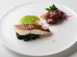 四季を感じる華やかな魚料理一例:桜鯛と蛍烏賊のポワレ【SAKURA】ブロッコリーとシラスのソース
