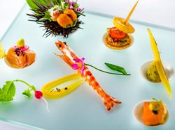 キングサーモンのマリネ ブリニと鴨肉のエスニック風ハンバーガー トリュフと百合根のムース 雲丹・鯛・剣先烏賊のクリュー・才巻海老のポシェ・鮪中トロ