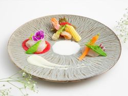 プルミエ・海老としまあじの柑橘マリネ そら豆のムースと共に