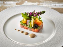 奥三河絹姫サーモンと帆立貝のタルタル”豊浜しこの露”風味、庭園仕立て