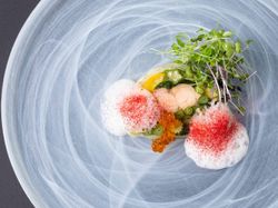 【冷前菜】オマール海老と季節野菜のプレッセ いくらとトマトの泡