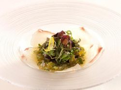 鯛の昆布〆と香味野菜の葱百本ジュレ