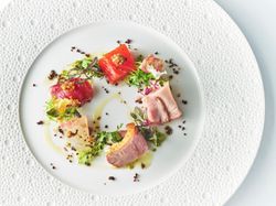 “太陽の恵み” 山の幸と海の幸 九条葱とオリーブのコンディメント