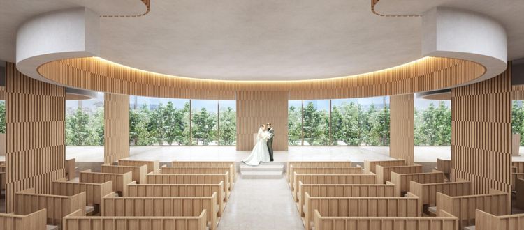 ブラスブルー東京 正面の窓から差し込む自然光と木々の緑がふたりの誓いを祝福の画像1