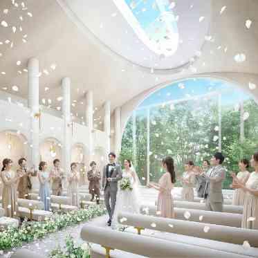 ニーズ仙台 by T&G WEDDING(旧 アーカンジェル迎賓館 仙台) チャペルでのフラワーシャワーでゲストからの祝福を