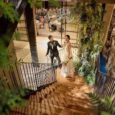 THE TENDER HOUSE(ザ テンダーハウス) ホワイエに流れる滝とシースルーの洗練された階段は人気のフォトスポット。