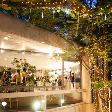 ザ・ヒルサイド 神戸 2階に位置するパーティ会場。けやきの木のイルミネーションが華やかさをプラスする