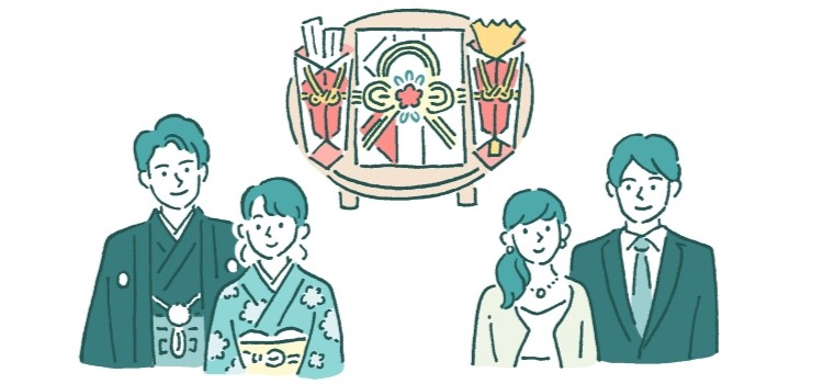 結納の際に着る男女の和装・洋装のイラスト
