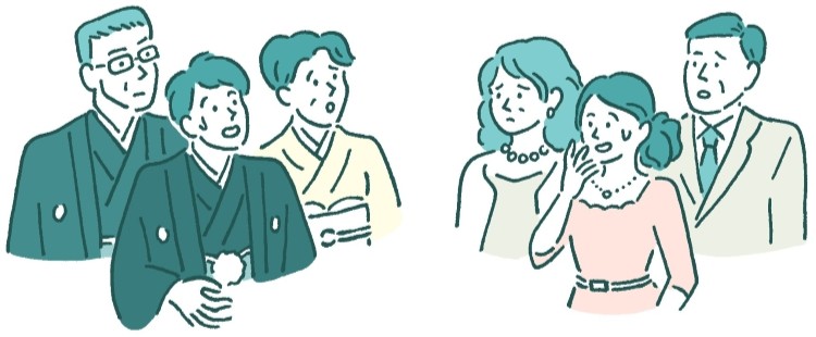 結納の際に服装の格が合わず困惑する両家のイラスト