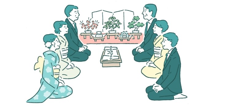 結納品を挟んで正座して向き合う両家家族のイラスト
